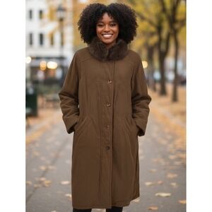 Vintage Bernardo Full-Length Quilted Winter Coat Fox Fur Collar Women's XL Brown